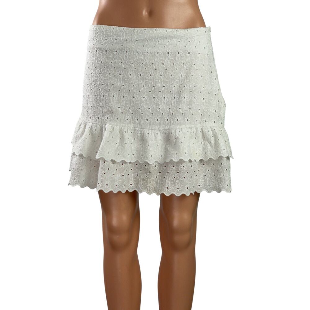 Zara White Embroidered Eyelet Floral Ruffle High Rise Tiered Mini Skort Skirt L